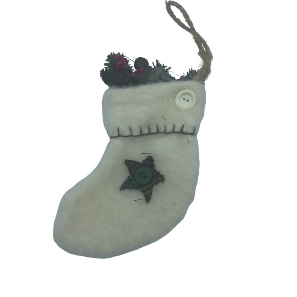 Rustic Mini‎ Christmas Stocking Ornament Felt Button Green Star Farm Country